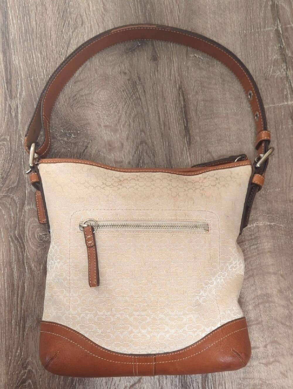 Coach Beige Cream Signature Canvas Shoulder Bag with Brown Leather Trim